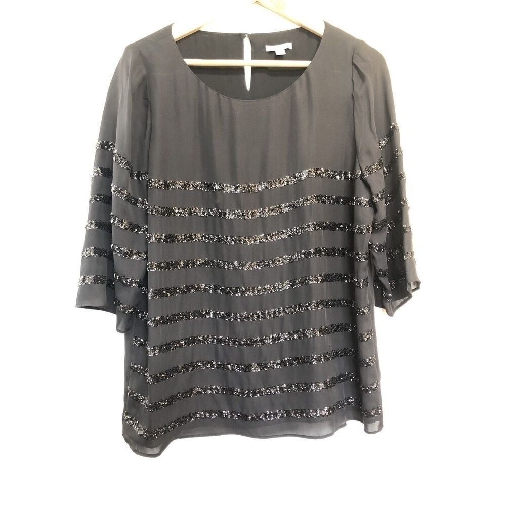 PURE‎ Collection Women's Silk Beaded Top Blouse Size 8/10 Black Formal Cocktail